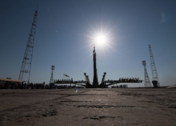 Космический корабль «Союз-МС-05» на «Гагаринском старте» космодрома Байконур в Казахстане