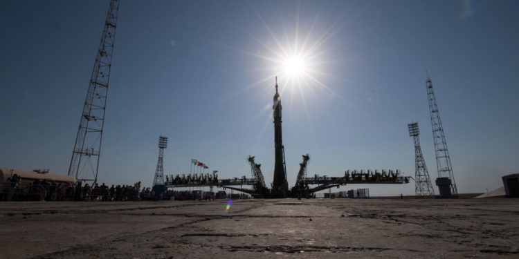 Космический корабль «Союз-МС-05» на «Гагаринском старте» космодрома Байконур в Казахстане